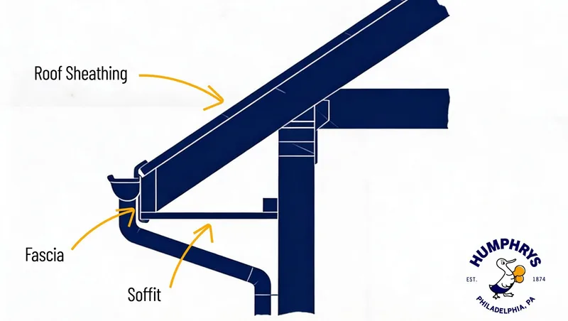 Diagram of a roof eave showing the roof sheathing, fascia, and soffit, the three points where a tear-off tarp can be anchored along the roofline.